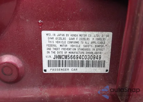 2004 Honda Accord 2.4 Ex из США, поврежденный, VIN JHMCM56694C030949